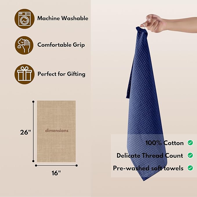 Native Fab Waffle Kitchen Towel - 6 Pack - Absorbent Dish Towel for Cleaning, Drying, and Cooking - 100% Cotton Durable Kitchen Essential for Home Use, Quick Drying Towels, 16x26 inches - Ink Blue