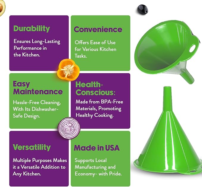 Crisp 2-Piece Funnel Set - All Purpose Funnels for Kitchen Use Filling Bottles - Durable & Dishwasher Safe Kitchen Funnel Set - Made in The USA - Bright Green