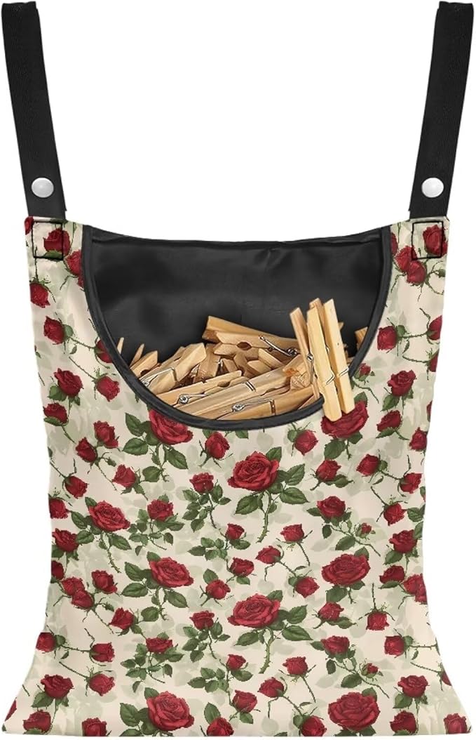 Rose Clothespin Bag Fashion Hanging Storage Organizer Clothes Pin Bag Waterproof Laundry Clothespin Bag Clothespin Holder with Hanger Hook for Easy Hang and Large Opening