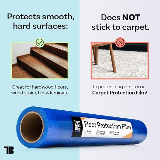 Floor Protection Film, 48" x 200', Made in USA, Blue Self Adhesive Floor Protector Tape for Moving, Painting and Construction, Temporary Covering to Shield Hardwood, Tile, Hard Surfaces