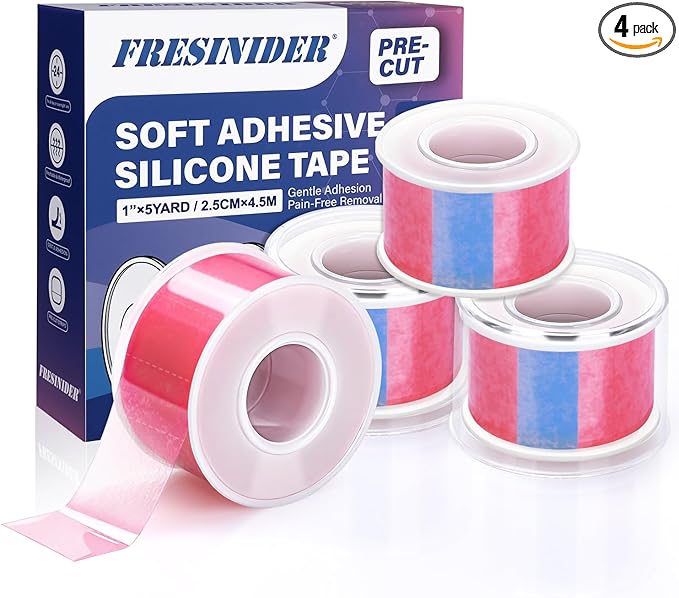 FRESINIDER Silicone Tape 1" x 5 Yard Pink 4 Rolls for Sensitive Skin, Pre-Cut Waterproof Medical Tape, Gentle Adhesive for Wound Care, Surgical Sites, Infants and Elderly