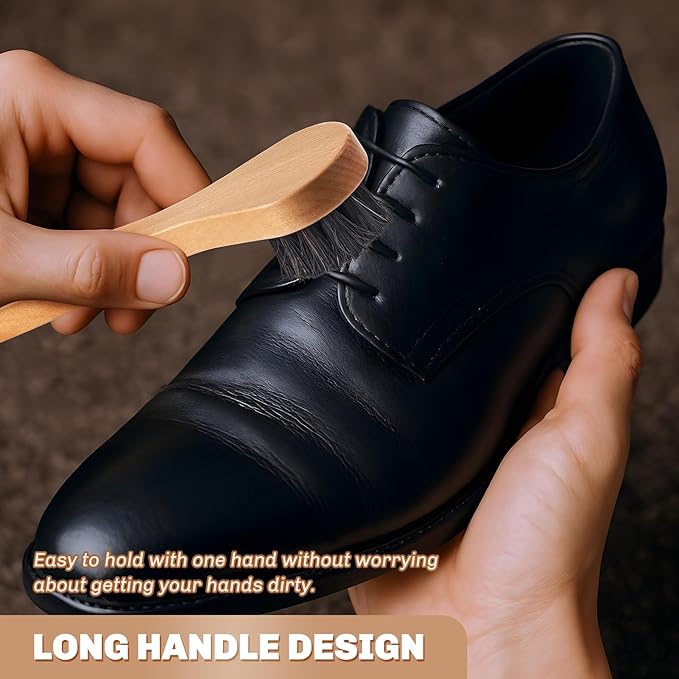 2 Pcs Horsehair Shine Shoes Brush Kit Polish Dauber Applicators Cleaning Leather Shoes Boots Care Brushes Suede Cleaner Brush(Wooden Long Handle)