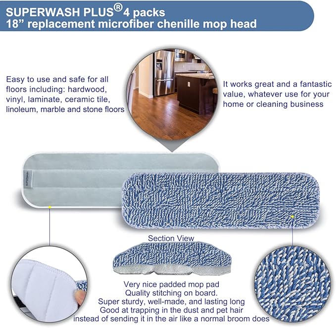 Replacement Microfiber Floor Cleaning Pads - 18''x5'' Dust Mop Refill Sweeping Pad Compatible with Bona Mop, Reusable Dry Mop Head Fits 17” to 18” Flat Mop - 4 Pack