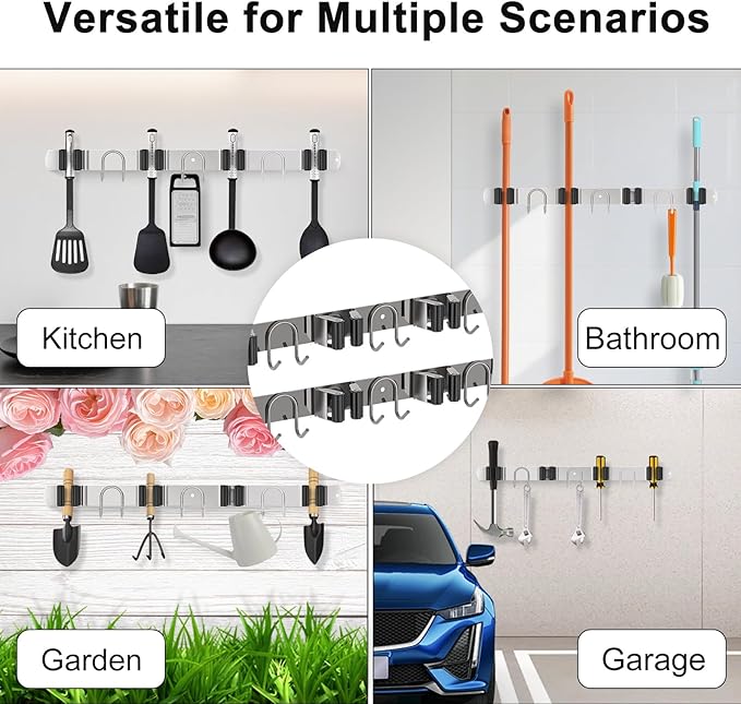 Mop Broom Holder Wall Mount, 2 Packs Silver Stainless Steel Tool Storage Organizer for Kitchen Garden Garage Laundry Room Bathroom and RV with 4 Slots 6 Hooks