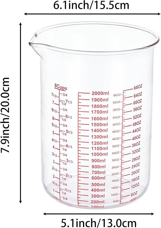 3 Piece Glass Measuring Cup Set, Includes 2-Cup, 4-Cup, and 8-Cup High Borosilicate Glasss Liquid Measuring Cups, Dishwasher, Freezer, Microwave, and Preheated Oven Safe, Essential Kitchen Tools