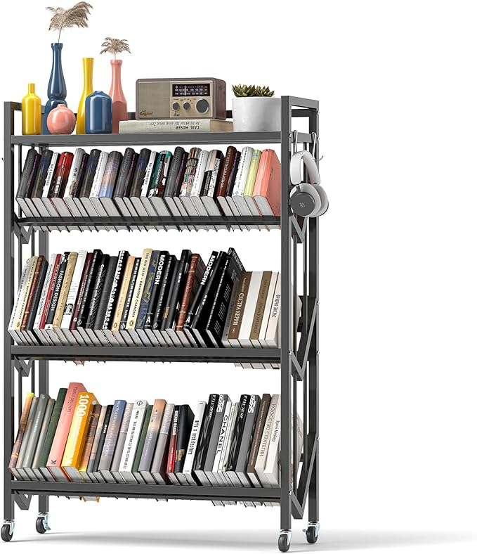 Book Carts 4 Tier 46.5x35.4x9.84 in Rolling Book Cart Large Capacity Bookshelf Storage Rack Mobile Book Storage with Wheels Cart for Home Office Living Room Classroom (Black)