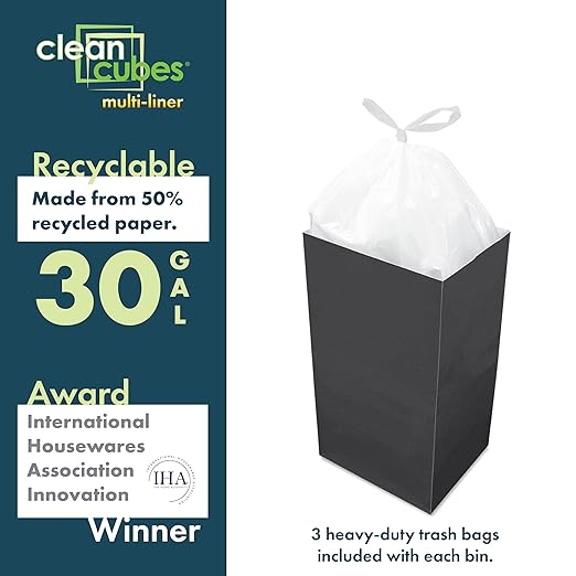 30 Gallon Disposable Pop-Up Trash Cans (3-Pack, Multi-Liner) with Fitted Bags – Foldable Garbage & Recycling Bins for Parties, Events & Kitchen (Black 30" H x 14" W x 17" D)
