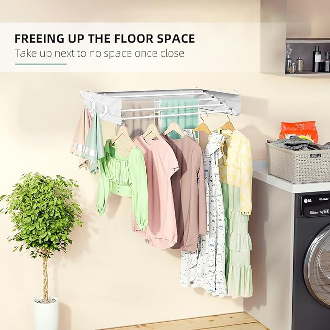 Laundry Drying Rack, Collapsible Wall Mounted Clothes Drying Rack - Foldable,Space Saving, 13.2 Linear Ft, 4 Aluminum Rods, 60 lb Capacity (White, 23.6" Wide)