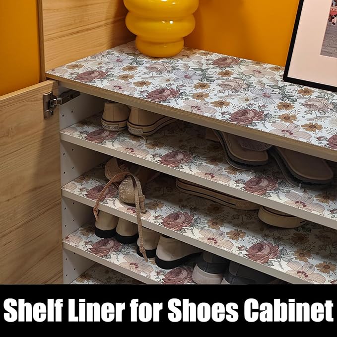 Floral Drawer Shelf Liners, 12IN x 20FT Non Adhesive and Strong Non-Slip Cabinet Drawer Shelf Liners for Kitchen Wire Fridge, Waterproof Shelf Liner,Easy to Clean