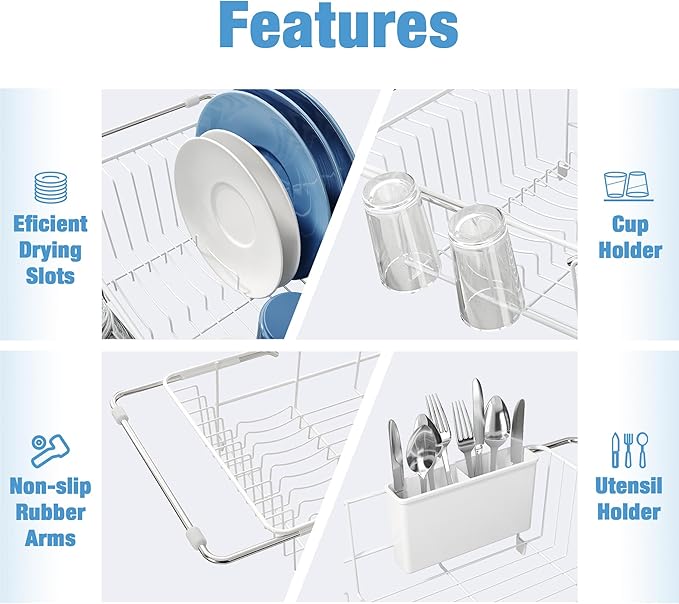 JASIWAY Dish Drying Rack in Sink, Small Dish Drainers for Inside Sink, Over The Sink Dish Racks, Stainless Steel Drying Rack with Utensil Holder, White