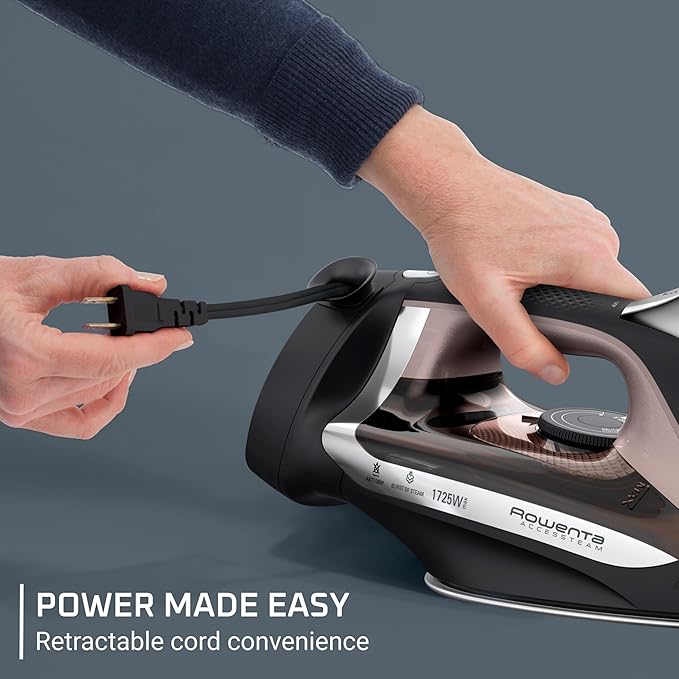 Rowenta Access Stainless Steel Soleplate Steam Iron with Retractable Cord, Powerful Steam Diffusion, Auto-Off and Anti-Drip, 1725 Watts, Black Clothes Iron, DW2459