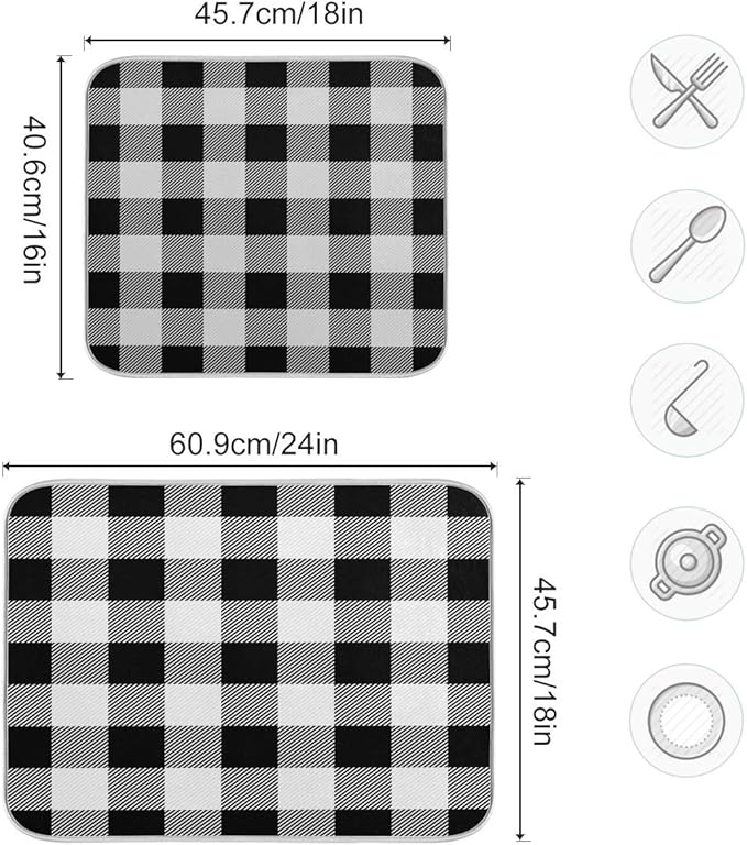 White and Black Buffalo Plaid Dish Drying Mat 16x18 for Kitchen Classic Buffalo Check Dishes Pad Dish Drainer Rack Mats Absorbent Fast Dry Kitchen Accessories