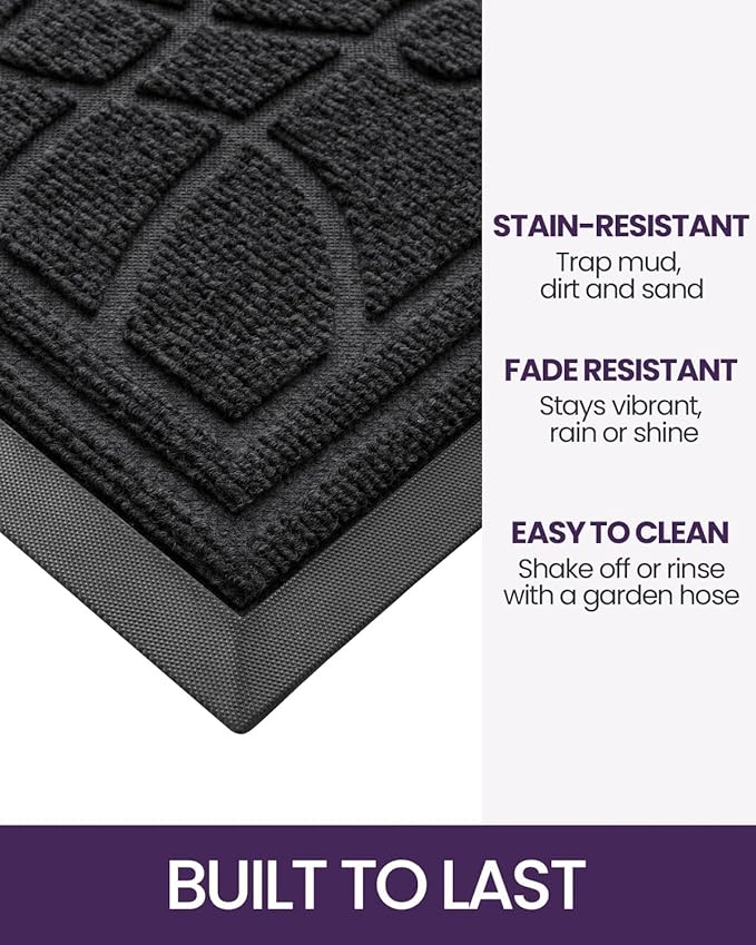 DEXI Front Door Mat Outside Entrance, Heavy Duty Non Slip Low Profile Doormat for Entryway, Trap Dirt and Moisture Welcome Mats, Easy Clean, Patio, Garage, 5x3, Black