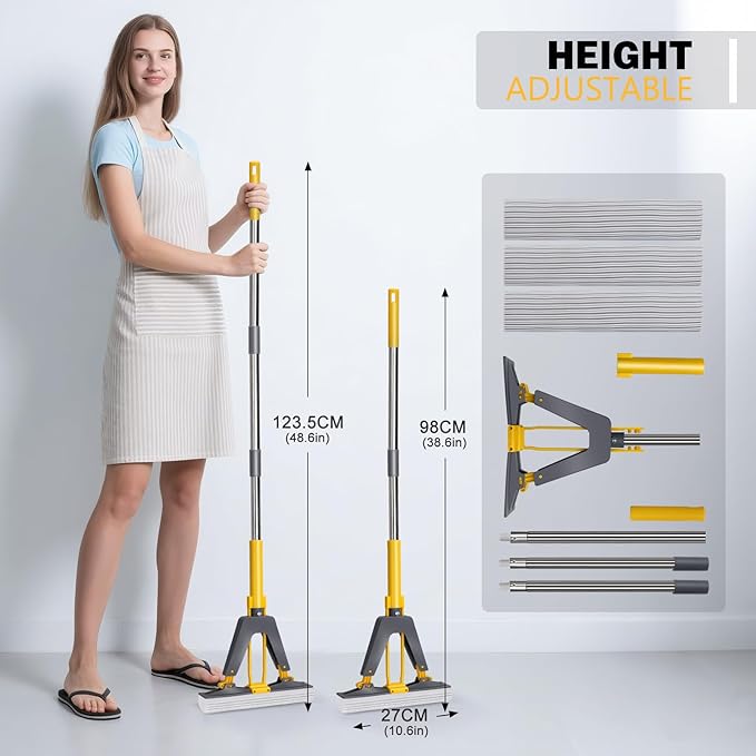 Masthome Sponge Mop,Roller Sponge Mop with 3 Absorbent PVA Mop Refills,Self Squeeze Sponge Mops and Stainless Steel Handle,PVA Sponge Mops for Floor Cleaning