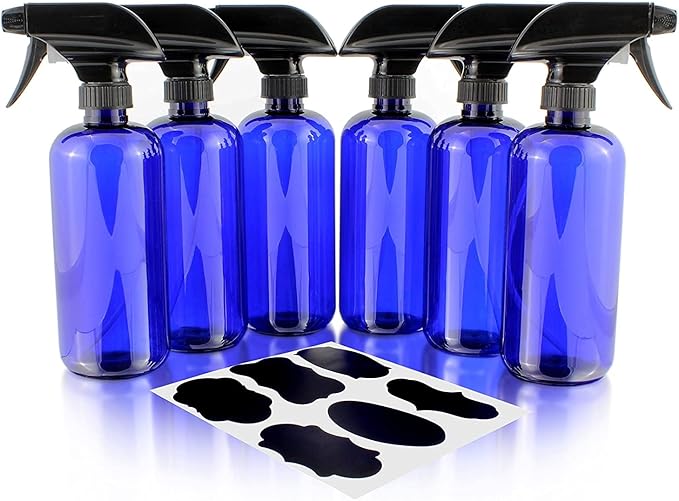 Cornucopia Brands 16oz Cobalt Blue PLASTIC Spray Bottles w/Heavy Duty Mist & Stream Sprayers and Chalkboard Labels (6-pack); PET #1 BPA-free, Use for DIY, Kitchen, Hair