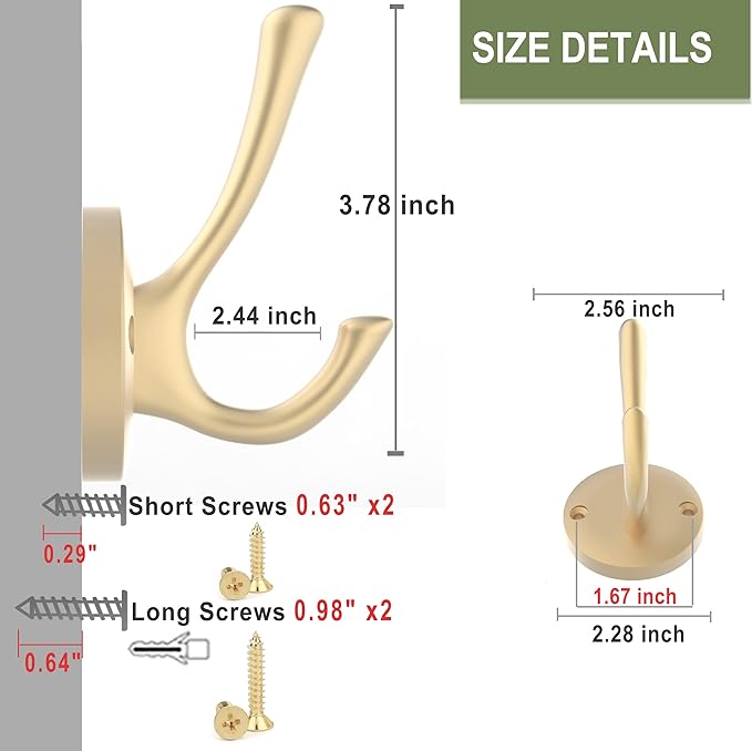 Gold Hat and Coat Hooks, 4 Pack Heavy Duty Coat Robe Hook, Metal Double Backpack Hook Wall Mounted, Towel Hooks for Bathroom Entryway Cubicle Closet Garage