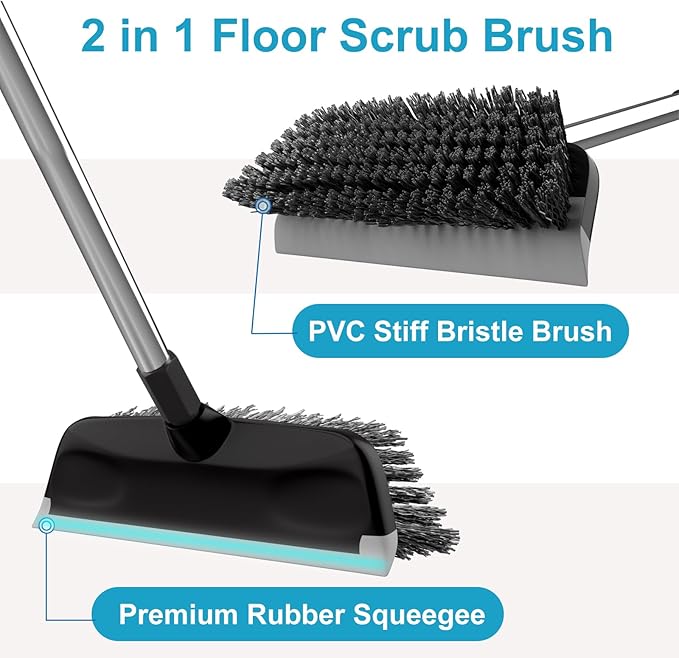 ITTAR Scrub Brush with Long Handle, 10" Wide Stiff Bristles Deck Brush, Heavy-Duty Floor Cleaning Brush, 2-in-1 Scrubber Squeegee Broom for Cleaning Patio, Pool, Kitchen, Garage, Bathroom Floor-Black