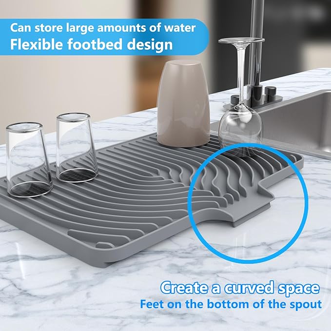 Kitchen Drying Mat for sink with a bulged edge,18"×12"Silicone Dish Drying Mat with built-in Drain Spout, Rubber Dish Mat for Kitchen (18"×12"gray)