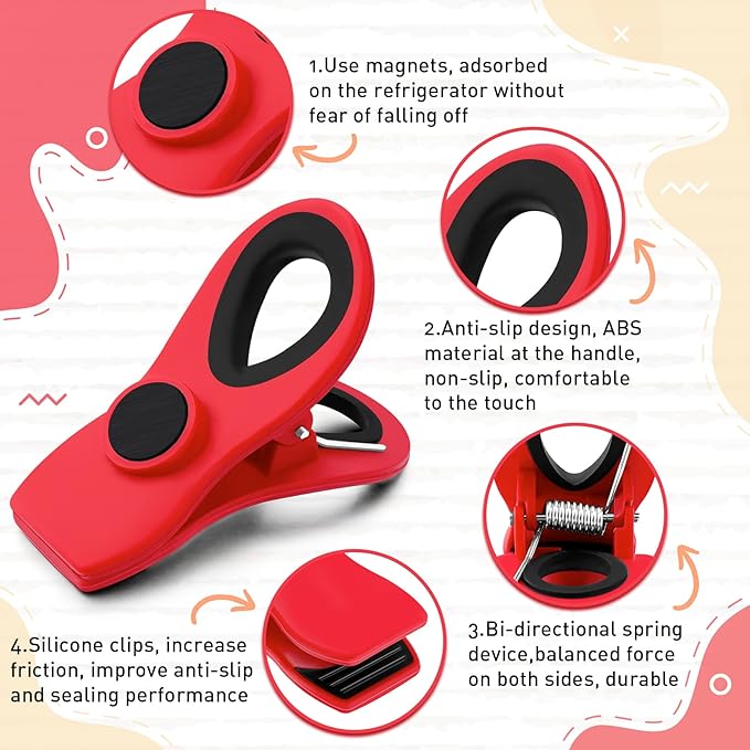 FINDMAG 12 Pack Chip Clips, Red Magnetic Bag Clip for Food Packages, Airtight Clips with Handle Durable Bag Sealers for Metal Surface, Garden, Fridge, Potatoes, Bread, Kitchen