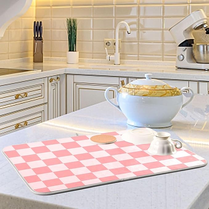 Buffalo Plaid Pink Dish Drying Mat for Kitchen Countertop 18x24 Chessboard Rectangle Large Drying Mat Reusable Quick Dry Dish Sink Absorbent Mats Dishwasher Easy Clean Decorative Home Essentials
