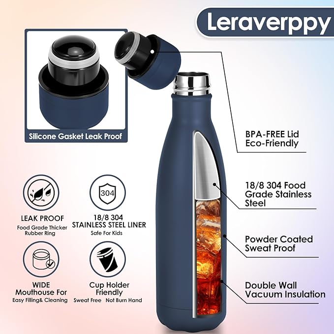 17oz Cola-Bottle Shaped Stainless Steel Leak-Proof Water Bottle,Double Wall Vacuum Insulated Metal,Travel Mug for Sports Indoors & Outdoors,BPA-Free School Kids Flasks,Navy(1Pack)