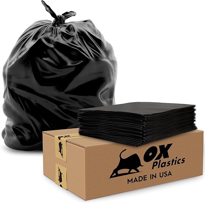 Ox Plastics Trash Can Liners Bags - 60 Gallon Capacity & 2mil Thick Extra Heavy Duty Strength - Large Garbage, Leak-Proof & Durable, House & Commercial Use Bags Black - 25 Count