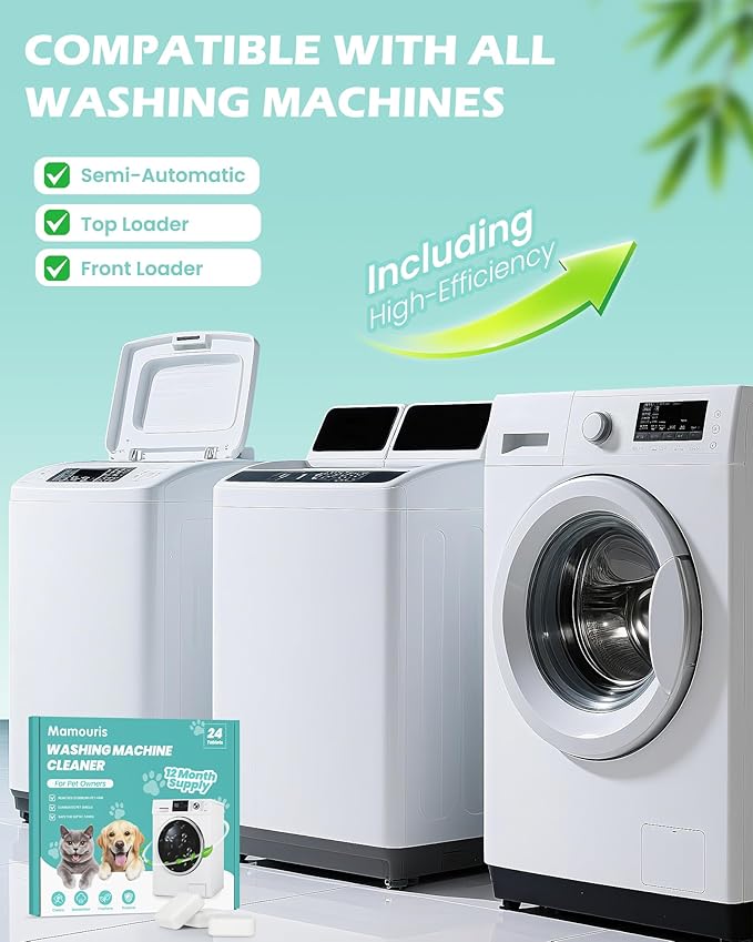 Washing Machine Cleaner Tablets: 24 Pack Deep Cleaning For HE, Front Loader & Top Load Washer, Removes Pet Hair, Odors, Formulated for Pet Owners, Septic Safe, 12 Month Supply, 11G