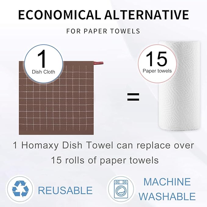 Homaxy 100% Cotton Terry Kitchen Dish Cloths, Ultra Soft and Absorbent Dish Towels for Kitchen, Suitable for Drying and Washing Dishes, 6 Pack, 12 x 12 Inches, Brown