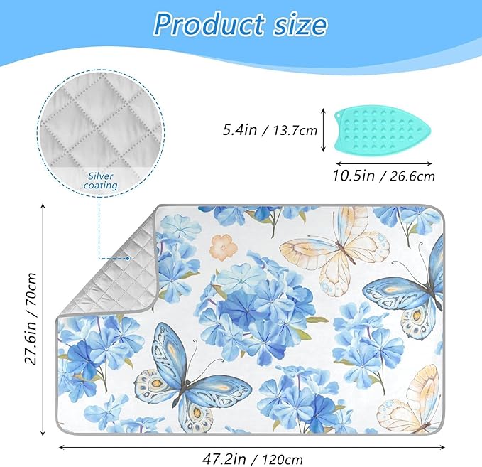 Ironing Mat Portable Ironing Pad Ironing Blanket for Table Top Heat Resistance Double-Side Using Travel Large 47.2 x 27.6 Inch Foldable Lightweight Blue Floral Butterfly