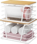 Extra Large 2 Pack Stackable Pantry Organizers - Laundry Room Organization & Decor, Kitchen Decor, Wall Mount Trash Bag Holder with Bamboo Top, White