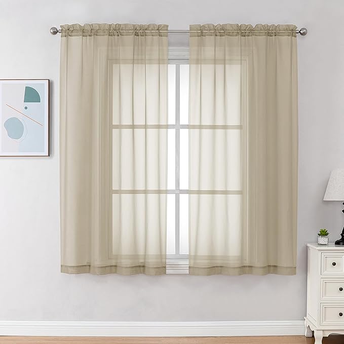 Chyhomenyc Taupe Sheer Curtains 45 Inch Long 2 Panels, Light Filtering Rod Pocket Voile Short Curtains Drapes for Living Room Bedroom Small Windows, 42Wx45L Inches