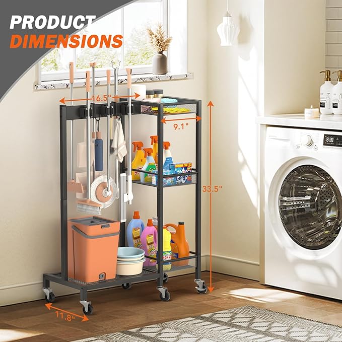 Broom Holder with Cleaning Supplies Organizer, Broom Closet Storage Cabinet with Cleaning Caddy, Cleaning Cart with Mop Hanger Gripper Rack Hooks,Janitorial Cart,Utility Carts Household Essentials