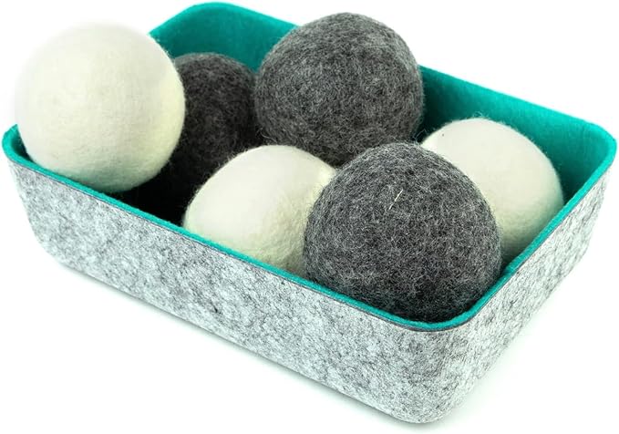 Three by Three Seattle Felt·Like·it!™ Wool Dryer Balls + Storage Bin: Reduce Drying Time, Static Cling, and Energy Use | Natural Alternative to Fabric Softeners (Pack of 6)