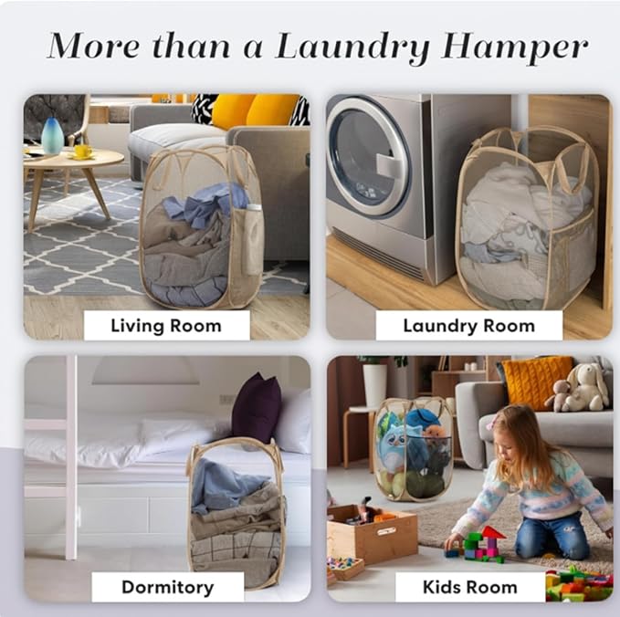 Handy Laundry Collapsible Mesh Pop Up Hamper with Wide Opening and Side Pocket - Breathable, Sturdy, Foldable, and Space-Saving Design for Clothes and Storage (Beige)