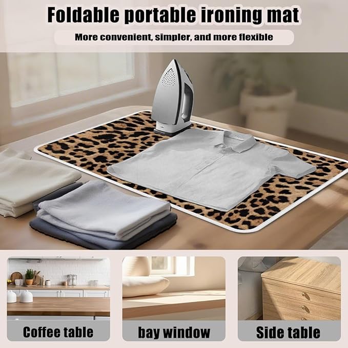 Leopard Print Iron Mat Blanket Travel Foldable Ironing Pad Fabric Ironing Board Cover for Top of Tabletop,Brown Thick & Large Portable Ironing Pads 32 x 16 Inch
