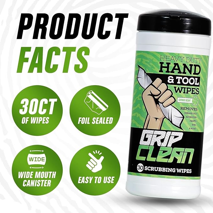 Grip Clean Heavy Duty Hand & Tool Cleaning Wipes – Waterless Hand Cleaner for Mechanics, Garage & Shop Use – Dual-Sided Grease, Oil & Paint Remover Wipes with Citrus Scent - 30ct (6 Pack)