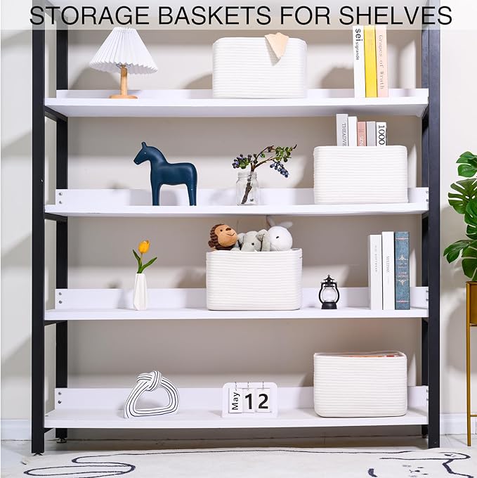 White Storage Baskets for Organizing, Woven Storage Baskets for Shelves, Cotton Rope Basket for Storage, Cute Rectangular Book Toy Basket, 12.7"×9.1"×7.9", 4 Packs, Off White