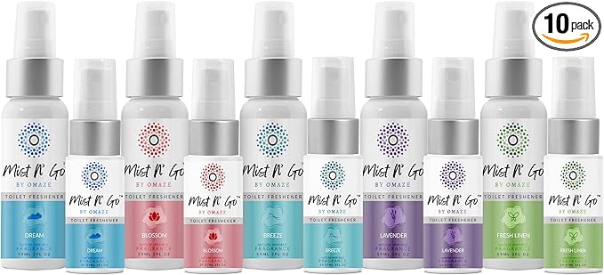 Mist N’ Go by Omaze Travel Bathroom Spray for Toilet Spray Odor Eliminator - Travel Toilet Spray for Bathroom Air Freshener Spray for Bathroom Deodorizer - Mix All, Family Pack (2oz x5 + 1oz x5)