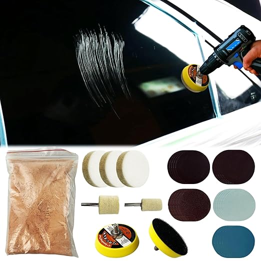 34Pcs Glass Polishing Kit, Multifunctional Scratch Remover Window Repair Tool for Window Repair, with Felt Polishing Wheel Polishing Disc Wool Polishing Pad and Cerium Oxide Polishing Powder