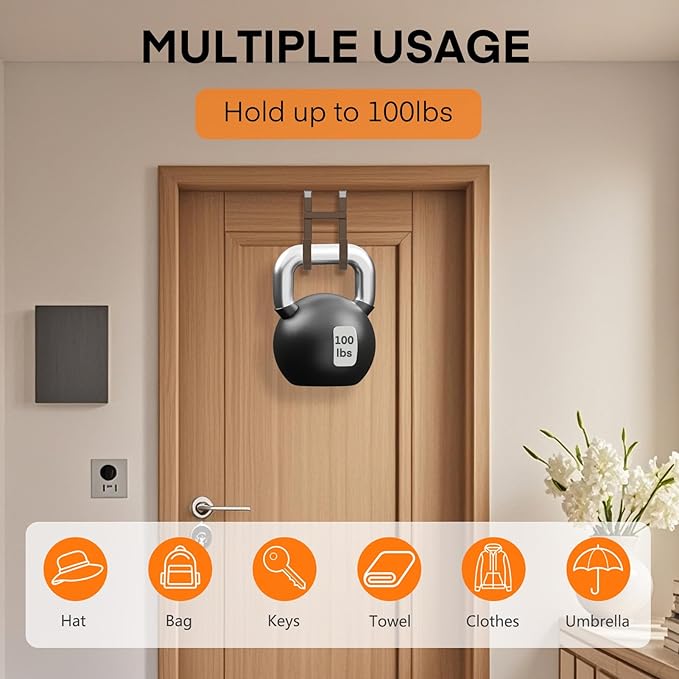 FYY Over The Door Hooks - 2 Pack Heavy Duty Dual-Hook Organizer Hanger with Non-Slip Rubber for Towels, Clothes, Hats & Bags Use in Bathroom, Bedroom, Kitchen - Fits Interior Doors Up to 1 3/8" Brown