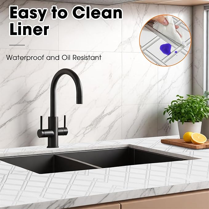 Drawer and Shelf Liners for Kitchen Cabinets Non-Adhesive Cabinet Liners Strong Grip Non Slip Waterproof Contact Paper for Cabinets and Drawers Shelves Cupboard,Silver Geometric,12IN X 20FT