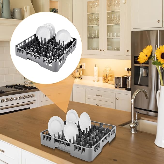 Commercial Dishwasher Tray Rack Polypropylene Full Size Flatware Rack for Bowls Plates Knives Forks Cups(19.7 x 19.7 x 3.97 Inch,Peg Dish,Gray)