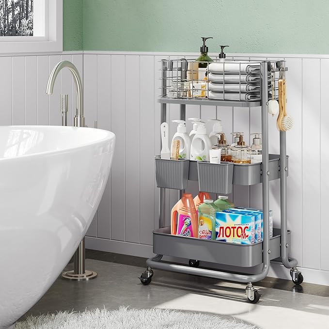 KINGRACK 3 Tier Metal Rolling Cart, Kitchen Organizers and Storage, Slim Storage Cart on Wheels, Laundry Room Organization, Diaper Cart Shelving Unit for Bathroom, Office, Bedroom, Grey