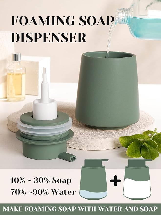 INGOFIN Ceramic Foaming Soap Dispenser -14 oz Foam Hand Soap Dispenser Bathroom Modern Refillable Dish Wash Bottle for Kitchen with Large Pump Matte Green