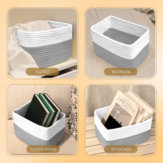 Hopegiver Woven Storage Baskets 11x8x7 Inch, 3 Pack Collapsible Cube Storage Bin for Shelves - Foldable Cotton Rope Organizer Bins for Towels, Toys, Books, Closet, Nursery (White Gray)