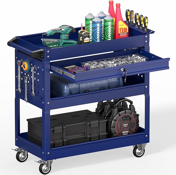 3 Tier Rolling Tool Cart on Wheels, Heavy Duty Service Cart Industrial Utility Cart with Drawer and Screwdriver Rack Pegboard, 550 LBS Mobile Tool Storage Organizer for Garage, Workshop (DARKBLUE)