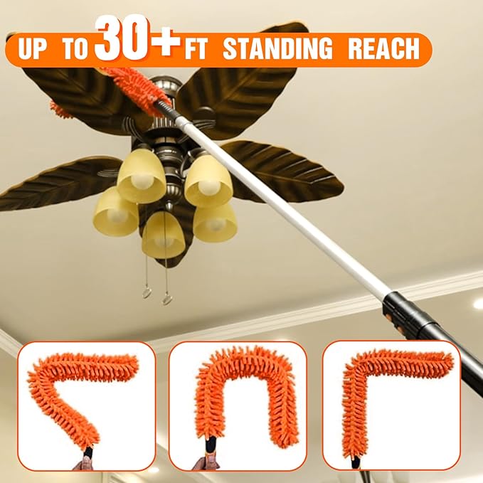 36FT High Reach Duster Cleaning Kit with Extension Pole, High Ceiling Fan Cleaner Duster Tool for Fan Blades, Window Washing Kit with Microfiber Feather Duster & Window Squeegee