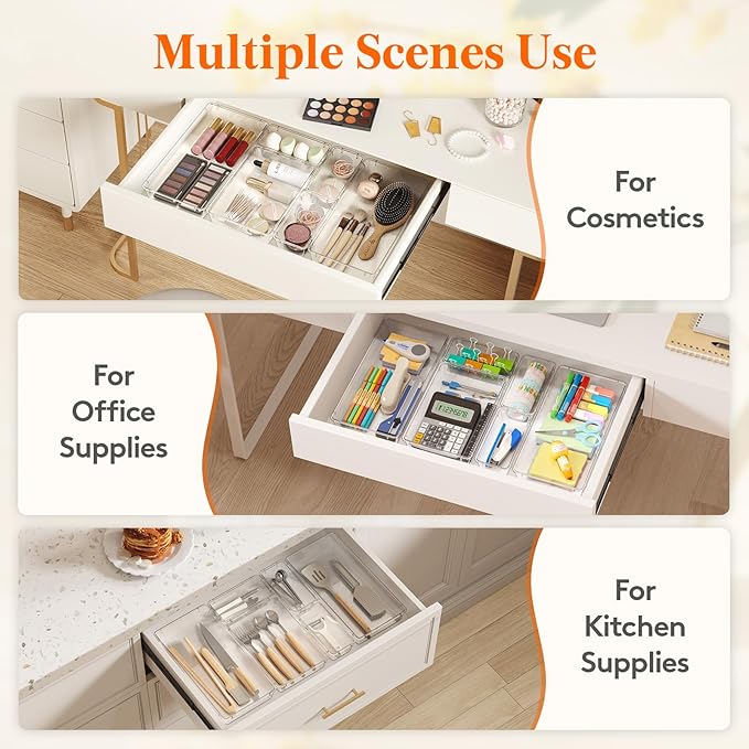 Lifewit 15 Pcs Large Bathroom Drawer Organizers, 3 Sizes Clear Plastic Storage Organizer Trays for Make Up, Kitchen Utensils, Vanity Accessories in Bathroom/Office/Dresser Organization