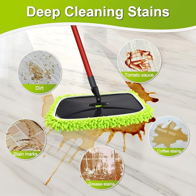 Mops for Floor Cleaning, Dust Mop for Hardwood Floors, Extra Large Floor Mop with Extendable Handle and 3 Reusable Chenille Mop Pads, Flat Dust Mops for Hardwood, Marble, Vinyl, Tile Floors Cleaning