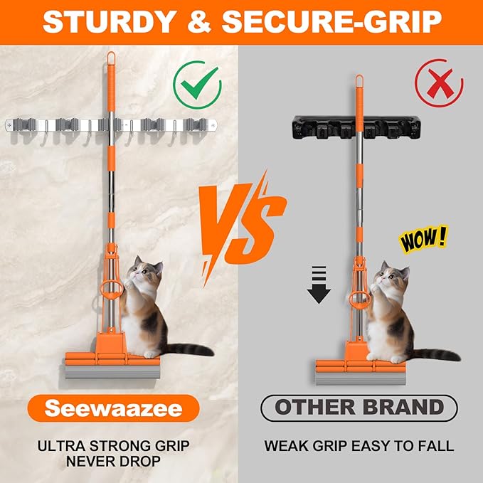 Broom Holder Wall Mount, Mop and Broom Organizer Broom Hanger Storage Tool Utility Racks Stainless Steel Wall Hooks Solid Mop Rack for Home Kitchen Garden Laundry Garage (5 Racks 4 Hooks)
